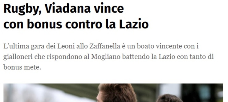 Rugby, Viadana vince con bonus contro la Lazio