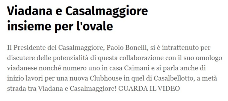 Viadana e Casalmaggiore insieme per l'ovale