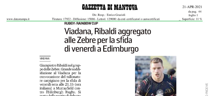Viadana, Ribaldi aggregato alle Zebre per la sfida di venerdì a Edimburgo 