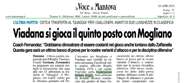 Viadana si gioca il 5° posto con Mogliano 