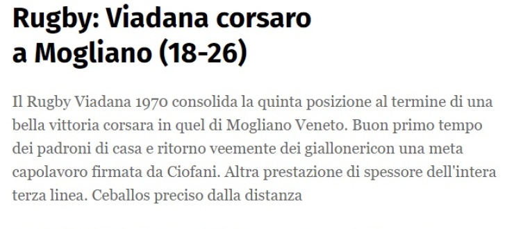 Rugby: Viadana corsaro a Mogliano (18-26)