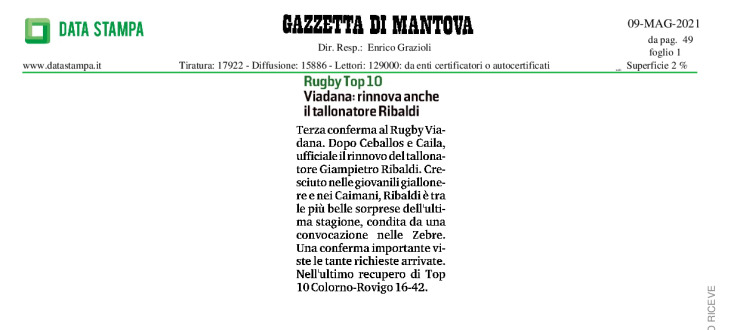 Viadana: rinnova anche il tallonatore Ribaldi