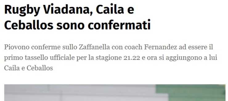 Rugby Viadana, Caila e Ceballos sono confermati