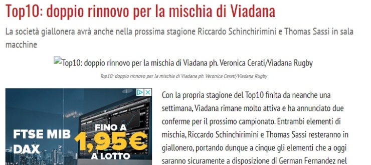 Top10: doppio rinnovo per la mischia di Viadana