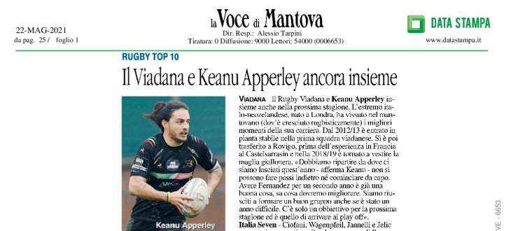 Il Viadana e Keanu Apperley ancora insieme