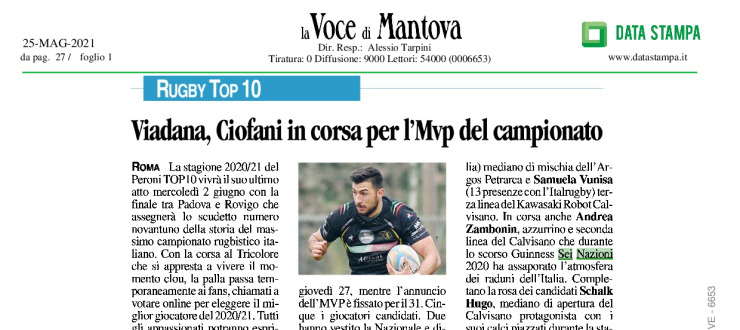 Viadana, Ciofani in corsa per l'Mvp del campionato 