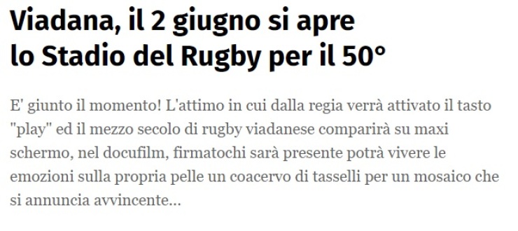 Viadana, il 2 giugno si apre lo Stadio del Rugby per il 50°
