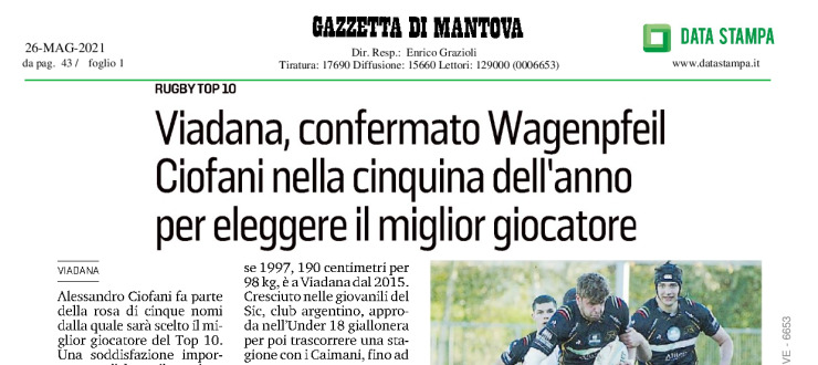 Viadana, confermato Wagenpfeil. Ciofani nella cinquina dell'anno per eleggere il miglior giocatore