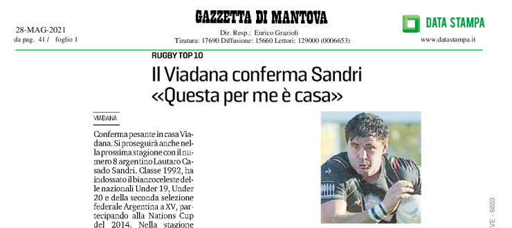 Il Viadana conferma Sandri. "Questa per me è casa"