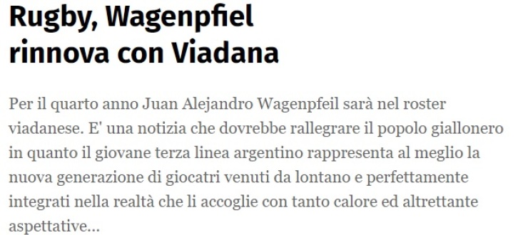 Rugby, Wagenpfiel rinnova con Viadana