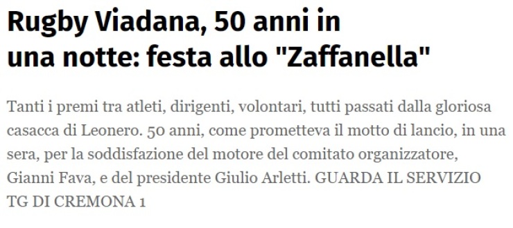 Rugby Viadana, 50 anni in una notte: festa allo "Zaffanella"
