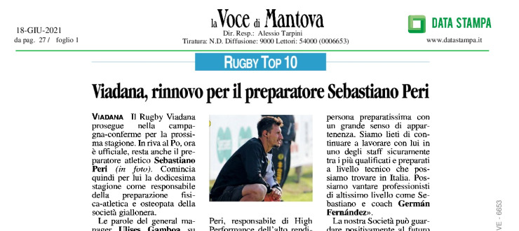 Viadana, rinnovo per il preparatore Sebastiano Peri