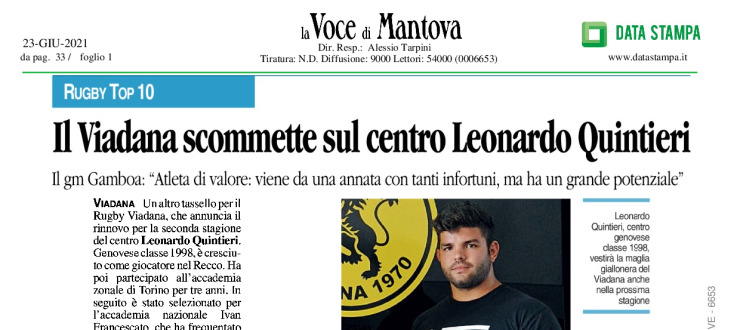 Il Viadana scommette sul centro Leonardo Quintieri