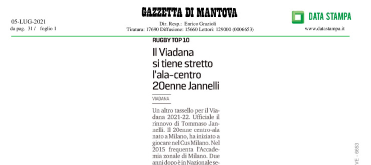 Il Viadana si tiene stretto l'ala-centro 20enne Jannelli