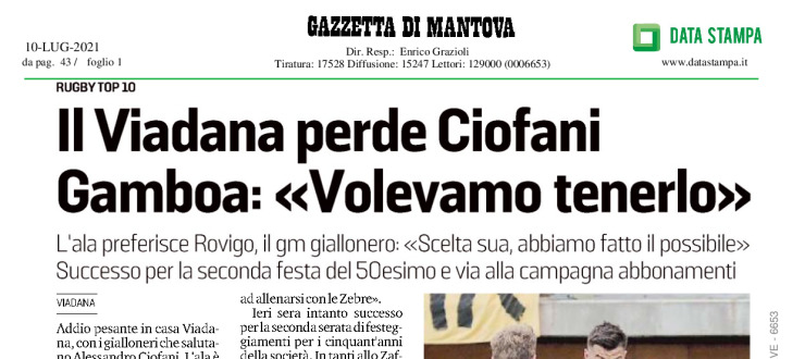 Il Viadana perde Ciofani. Gamboa: "Volevamo tenerlo"
