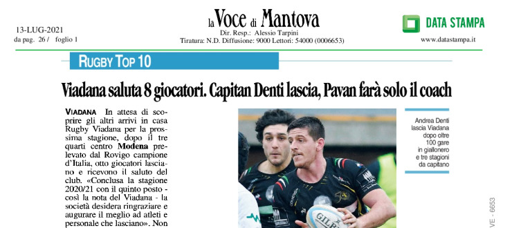Viadana saluta 8 giocatori. Capitan Denti lascia, Pavan farà solo il coach.  