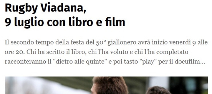 Rugby Viadana, 9 luglio con libro e film