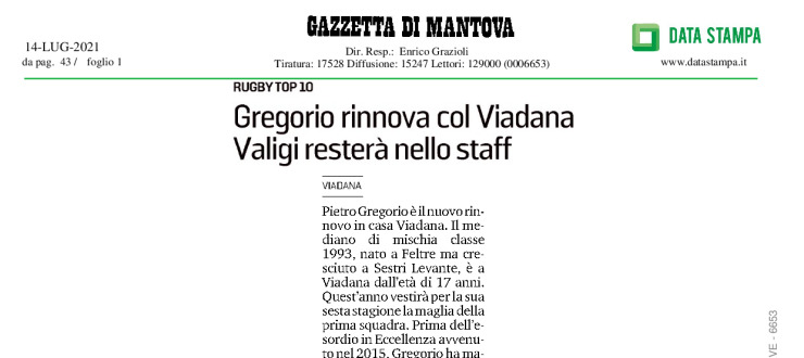 Gregorio rinnova col Viadana. Valigi resterà nello staff