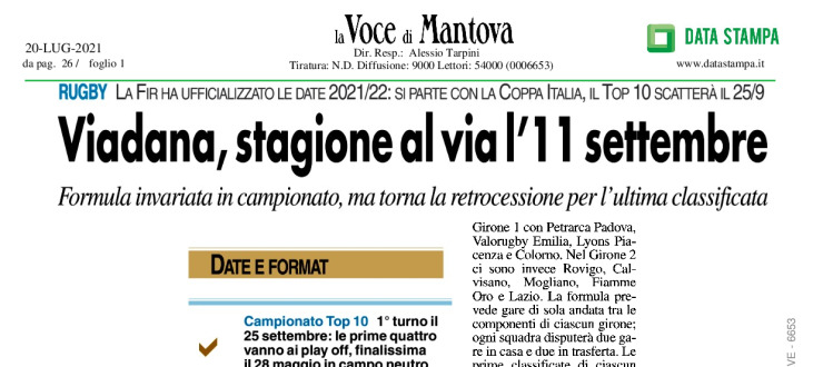 Viadana, stagione al via l'11 settembre
