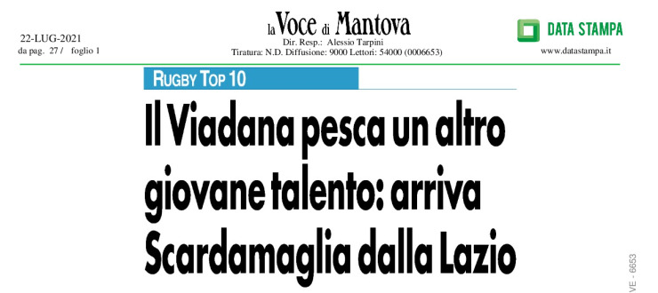 Il Viadana pesca un altro giovane talento: arriva Scardamaglia dalla Lazio