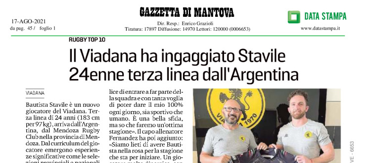 Il Viadana ha ingaggiato Stavile 24enne terza linea dall'Argentina
