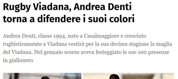 Rugby Viadana, Andrea Denti torna a difendere i suoi colori