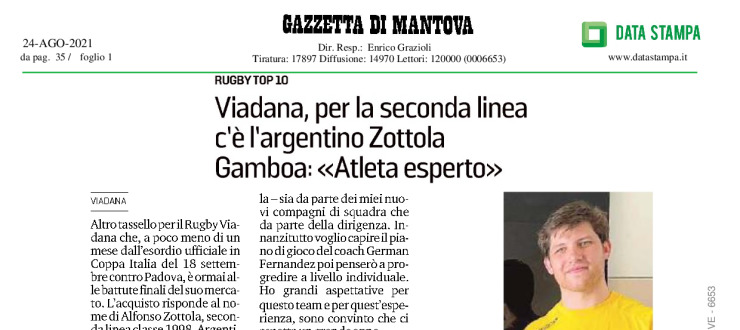 Viadana, per la seconda linea c'è´l'argentino Zottola. Gamboa: "Atleta esperto"