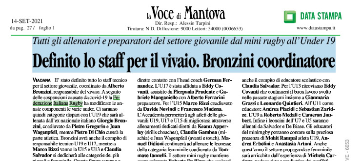 Definito lo staff per il vivaio. Bronzini coordinatore 
