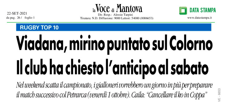 Viadana, mirino puntato sul Colorno. Il club ha chiesto l'anticipo al sabato
