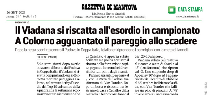 Il Viadana si riscatta all'esordio in campionato. A Colorno agguantato il pareggio allo scadere