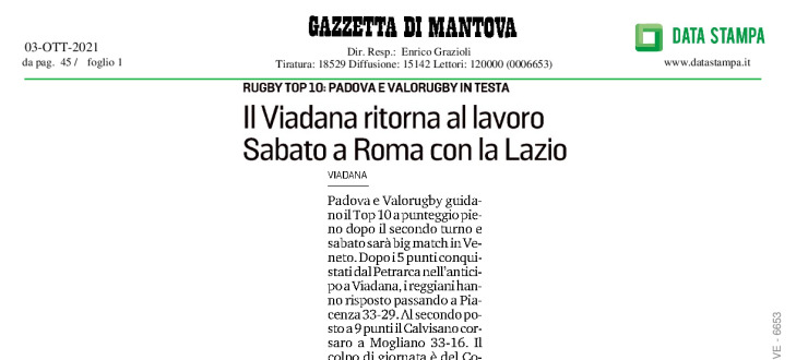 Il Viadana ritorna al lavoro. Sabato a Roma con la Lazio