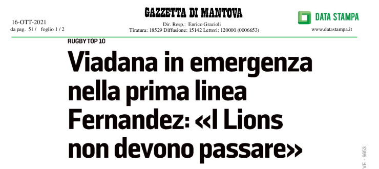 Viadana in emergenza nella prima linea. Fernandez " I lyons non devono passare"