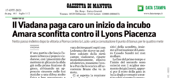 Il Viadana paga caro un inizio da incubo. Amara sconfitta contro il Lyons Piacenza