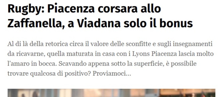 Rugby: Piacenza corsara allo Zaffanella, a Viadana solo il bonus