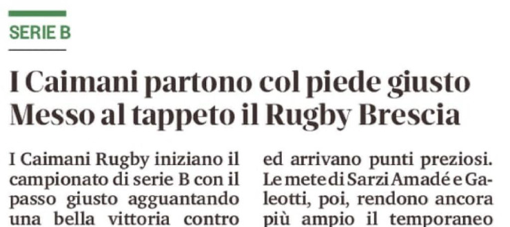 I Caimani partono col piede giusto. Messo al tappeto il Rugby Brescia 
