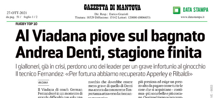 Al Viadana piove sul bagnato. Andrea Denti, stagione finita