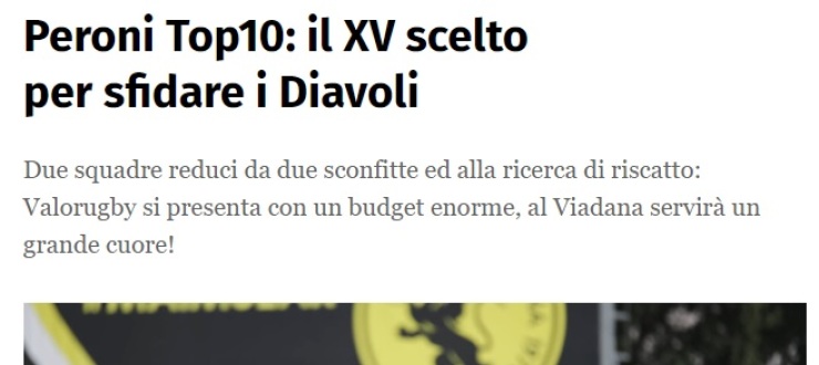 Peroni Top10: il XV scelto per sfidare i Diavoli