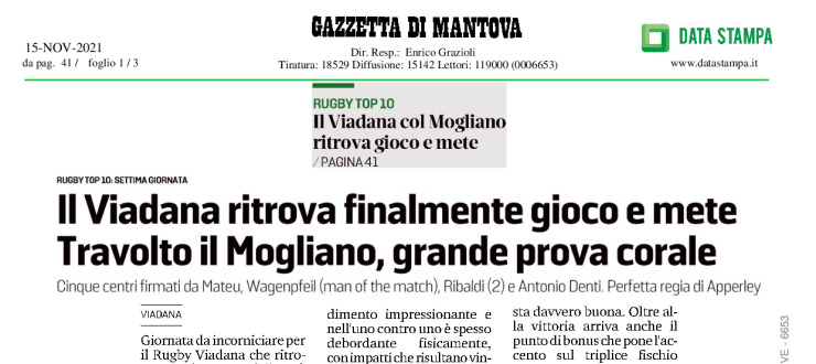 Il Viadana ritrova finalmente gioco e mete. Travolto il Mogliano, grande prova corale