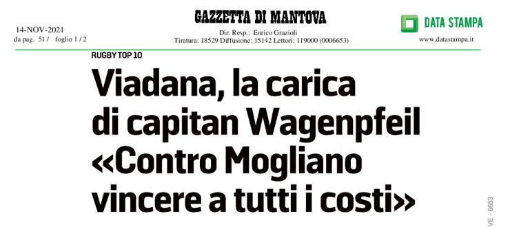 Viadana, la carica di capitan Wagenpfeil. "Contro Mogliano vincere a tutti i costi"