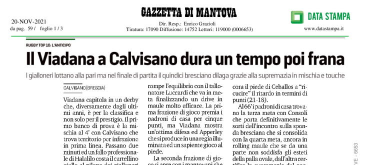 Il Viadana a Calvisano dura un tempo poi frana