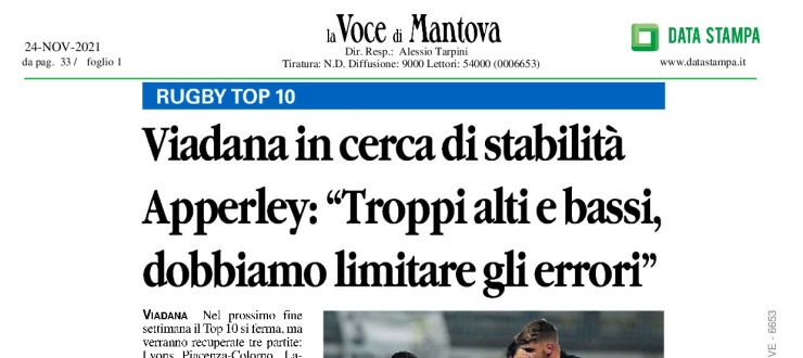 Viadana in cerca di stabilità. Apperley: "Troppi alti e bassi, dobbiamo limitare gli errori"