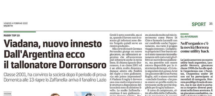 Viadana, nuovo innesto. Dall'Argentina ecco il tallonatore Dorronsoro