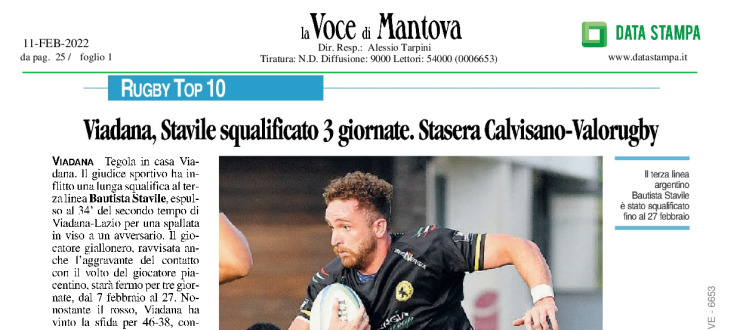 Viadana, Stavile squalificato 3 settimane. Stasera Calvisano-Valorugby
