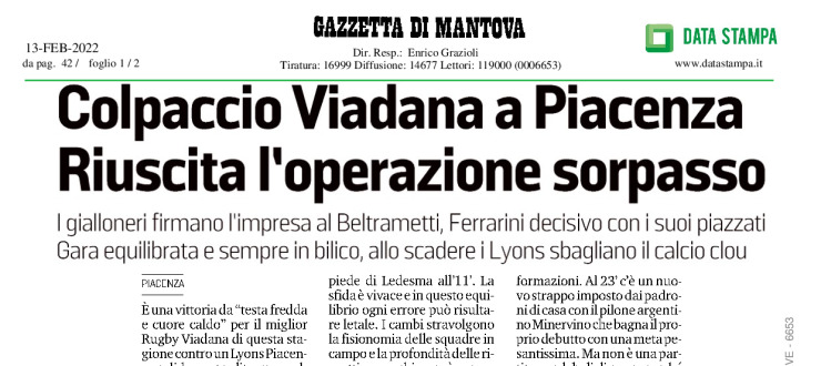 Colpaccio Viadana a Piacenza. Riuscita l'operazione sorpasso