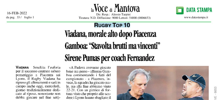 Viadana, morale alto dopo Piacenza. Gamboa:"Stavolta brutti ma vincenti". Sirene Pumas per coach Fernandez