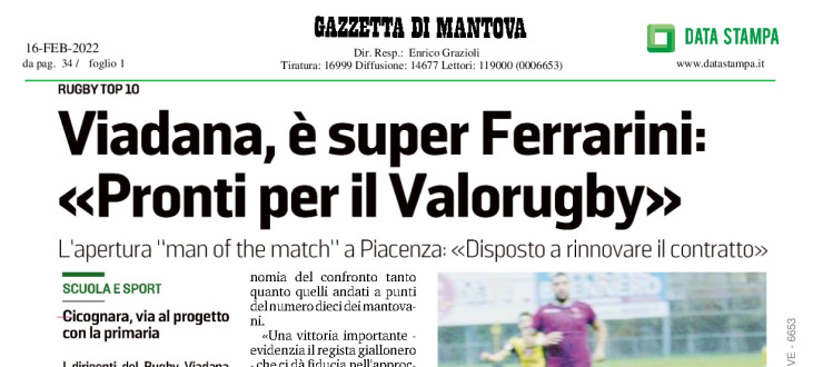 Viadana, è super Ferrarini:<<Pronti per il Valorugby>>