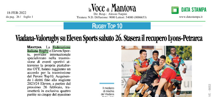 Viadana-Valorugby su Eleven Sport sabato 26