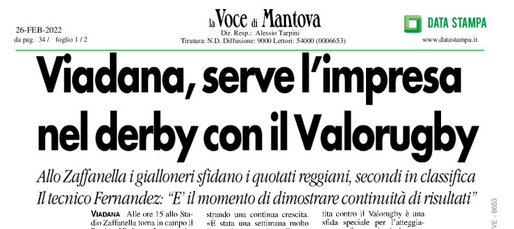 Viadana, serve l'impresa nel derby con il Valorugby