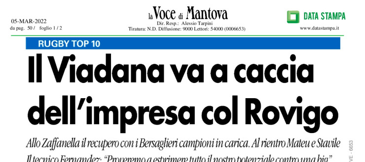 Il Viadana va a caccia dell'impresa col Rovigo