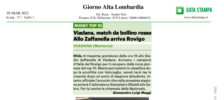 Viadana, match da bollino rosso. Allo Zaffanella arriva Rovigo